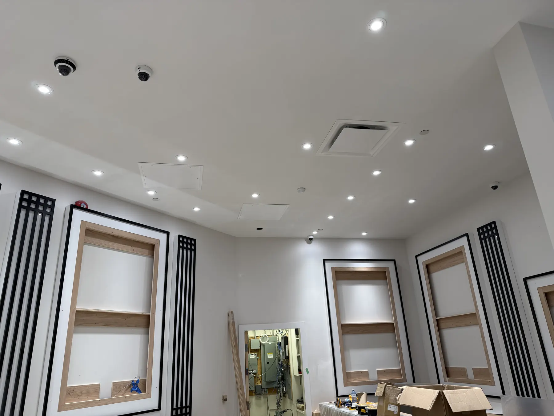 Ceiling cameras covering the display walls and back office door of a new jewellery store